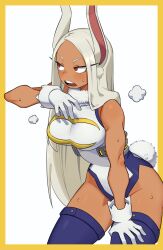 Rule 34 | 1girl, animal ears, bare shoulders, blush, boku no hero academia, border, breasts, crescent print, d:, dark-skinned female, dark skin, flowers-imh, fur collar, gloves, hand on own thigh, hand up, highleg, highleg leotard, highres, large breasts, leaning forward, leotard, long eyelashes, long hair, looking to the side, mirko, open mouth, parted bangs, purple thighhighs, rabbit ears, rabbit girl, rabbit tail, red eyes, sleeveless turtleneck leotard, solo, sweat, tail, taut leotard, teeth, thighhighs, thighs, toned, upper teeth only, very long hair, white background, white gloves, white hair, white leotard, yellow border