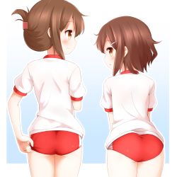 Rule 34 | 10s, 2girls, ass, blush, brown hair, buruma, faubynet, folded ponytail, gym uniform, hair ornament, hairclip, highres, ikazuchi (kancolle), inazuma (kancolle), kantai collection, looking at viewer, looking back, multiple girls, open mouth, revision, short hair, simple background, smile, white background