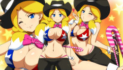 Rule 34 | 10s, 1girl, ;), american flag bikini, bare shoulders, bikini, bikini top only, blonde hair, blowing kiss, blue eyes, blush, bow, bowtie, breasts, cane, cleavage, cowboy hat, danball senki, flag print, freckles, groin, hairu, hand on own hip, hat, heart, highres, jessica kaios, large breasts, leg up, legs, long hair, looking at viewer, lowleg, lowleg pants, navel, one eye closed, pants, simple background, smile, standing, star (symbol), striped, swimsuit, thighs, twintails, wink, wrist cuffs