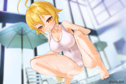 Rule 34 | 1girl, ahoge, artist name, bare shoulders, barefoot, beach chair, beach umbrella, blazblue, blonde hair, blurry, blurry background, blush, breasts, breath, cameltoe, cleavage, collarbone, covered navel, day, dutch angle, es (xblaze), feet, female focus, hair between eyes, half-closed eyes, hands on own knees, hands up, highres, huge ahoge, indoors, kurubushi no katamari, large breasts, leaning forward, long hair, looking at viewer, nipples, one-piece swimsuit, open mouth, pee, peeing, peeing self, ponytail, puddle, red eyes, see-through, shiny skin, sidelocks, signature, solo, spread legs, squatting, steam, swimsuit, twitter username, umbrella, wet, wet clothes, white one-piece swimsuit, window, xblaze, xblaze code: embryo