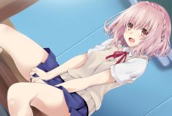 Rule 34 | 1girl, :d, beige vest, between legs, blue skirt, blush, braid, collared shirt, commentary request, date a live, hair between eyes, hand between legs, indoors, iwashi dorobou -r-, looking at viewer, medium hair, open mouth, pink eyes, pink hair, pleated skirt, school uniform, shirt, sitting, skirt, skirt tug, smile, solo, sonogami rinne, white shirt