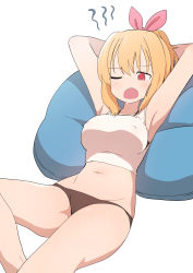 Rule 34 | 1girl, absurdres, blonde hair, blush, breasts, cameltoe, covered erect nipples, fang, hair ribbon, highres, hot, large breasts, long hair, luke (dydansgur), midriff, navel, one eye closed, original, panties, ponytail, red eyes, ribbon, simple background, skin fang, solo, sweat, underwear, white background