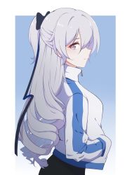 Rule 34 | 1girl, black bow, blue background, bow, bronya zaychik, bronya zaychik (silverwing: n-ex), closed mouth, from side, grey eyes, grey hair, hair bow, hand in pocket, highres, honkai (series), honkai impact 3rd, jacket, long hair, looking at viewer, looking to the side, matsumotossu, solo, two-tone background, upper body, white background, zipper pull tab