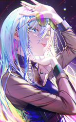 Rule 34 | 1girl, absurdres, adjusting eyewear, blue eyes, blue hair, chromatic aberration, earrings, hair between eyes, hand on own chest, hand on own head, highres, jewelry, lens flare, light blue hair, long hair, long sleeves, looking at viewer, nababa, original, ring, round eyewear, safety pin earring, solo, tinted eyewear, tongue, tongue out, upper body, yellow-tinted eyewear