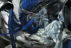 Rule 34 | 1girl, 1other, absurdres, armor, breasts, closed mouth, collarbone, commentary, crown, dress, giant, gloves, grey eyes, grey hair, hands up, highres, holding, holding staff, knees up, long dress, long hair, looking at viewer, naji yanagida, original, out of frame, sitting, sitting on hand, small breasts, solo focus, staff, white dress, wide sleeves, wings