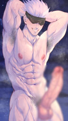 Rule 34 | 1boy, abs, armpit hair, armpits, arms behind head, bara, black blindfold, blindfold, blur censor, censored, commission, completely nude, erection, firenzesaika, gojou satoru, jujutsu kaisen, large pectorals, male focus, male pubic hair, muscular, muscular male, navel, nipples, nude, pectorals, penis, pixiv commission, pubic hair, short hair, smile, solo, spiked hair, teeth, testicles, white hair