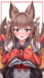 Rule 34 | + +, 1girl, amagi-chan (azur lane), animal ears, azur lane, blunt bangs, blurry, blush, brown hair, collarbone, commentary request, depth of field, drooling, eyes visible through hair, fox ears, fox girl, fox tail, hair ribbon, highres, japanese clothes, kimono, kitsune, kyuubi, lomocya, long hair, looking at viewer, manjuu (azur lane), multiple tails, off shoulder, open mouth, purple eyes, ribbon, rope, shimenawa, sidelocks, simple background, sleeves past wrists, solo, sparkle, symbol-shaped pupils, tail, thick eyebrows, twintails, white background, wide sleeves