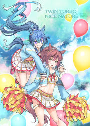 Rule 34 | 2girls, @ @, ahoge, alternate hairstyle, animal ears, artist name, balloon, belly chain, belt, blue hair, blue jacket, blue sky, brown hair, character name, cheerleader, circle name, cloud, cloudy sky, commentary, cosplay, dated, day, english text, frilled skirt, frills, grin, hair ornament, hair ribbon, hair scrunchie, hasumi elan, highres, holding, holding pom poms, horse ears, horse girl, horse tail, hug, hug from behind, jacket, jewelry, jumping, leaning forward, long hair, long sleeves, looking at another, looking back, medium hair, midriff, miniskirt, multiple girls, navel, neck ribbon, nice nature (run&amp;win) (umamusume), nice nature (umamusume), nice nature (umamusume) (cosplay), official alternate costume, open clothes, open jacket, open mouth, outdoors, pleated skirt, pom pom (cheerleading), pom poms, ponytail, purple eyes, red footwear, red ribbon, ribbon, sailor collar, scrunchie, sharp teeth, shirt, shoes, skirt, sky, smile, standing, tail, teeth, thigh strap, track jacket, twin turbo (umamusume), umamusume, very long hair, white sailor collar, white scrunchie, white shirt, white skirt, yellow belt, yellow eyes