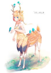 Rule 34 | 1girl, absurdres, animal, animal ears, animal on head, antlers, artist name, bare shoulders, bird, bird on hand, bird on head, blonde hair, blue eyes, blunt bangs, braid, braided ponytail, breasts, centauroid, cevio, character name, collarbone, commentary request, deer antlers, deer ears, dress, full body, hair flaps, highres, horns, long hair, looking at viewer, low ponytail, medium breasts, monster girl, monsterification, on head, one (cevio), open mouth, orange dress, shadow, sidelocks, signature, simple background, sleeveless, sleeveless dress, solo, songjiangcc, spaghetti strap, standing, taur, white background, zipper, zipper pull tab