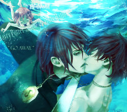 Rule 34 | 3boys, asphyxiation, brown hair, closed eyes, drowning, english text, harry potter, harry potter (series), jewelry, kiss, locket, male focus, multiple boys, necklace, nude, nudist, numeri (pixiv), orange hair, pendant, red eyes, ron weasley, skinny dipping, strangling, surprised, swimming, sword, tom marvolo riddle, underwater, water, weapon, wizarding world, yaoi, zenra