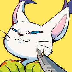 Rule 34 | :3, blue eyes, cat, digimon, digimon (creature), digimon adventure, fang, half-closed eyes, hands up, highres, knife, knife cat (meme), looking at viewer, meme, no humans, nui (nuitt), simple background, smile, smug, tailmon, whiskers, yellow background