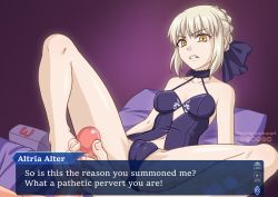 Rule 34 | &gt;:(, 1girl, angry, annoyed, artist name, artoria pendragon (all), artoria pendragon (fate), bare shoulders, barefoot, blonde hair, burbur, cameltoe, censored, cleft of venus, collarbone, commentary, disgust, english commentary, english text, eye contact, facing viewer, fate/grand order, fate (series), feet, footjob, frown, gesugao, glaring, hair ornament, looking at another, looking at viewer, mixed-language commentary, mosaic censoring, open mouth, penis, saber (fate), saber alter, spread legs, toes, two-footed footjob, v-shaped eyebrows, watermark, yellow eyes