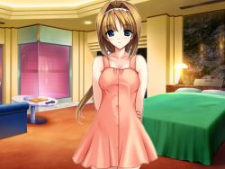 Rule 34 | 1girl, alice soft, blue eyes, blush, bottomless, breasts, brown hair, cleavage, game cg, hairband, long hair, looking at viewer, love hotel, ponytail, solo, standing, takamori haruka