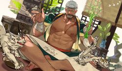 1boy abs absurdres bandages bara dragon feet_out_of_frame hachimaki headband highres indie_virtual_youtuber kuroshima_kurishiro_(muyi24108414) large_pectorals magic male_focus mature_male mouth_hold muscular muscular_male navel nipples pectorals scroll sitting solo strongman_waist thick_eyebrows virtual_youtuber ying_feng_(slaveedge)