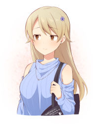 Rule 34 | 1girl, aged up, alternate hair length, alternate hairstyle, bad id, bad pixiv id, bag, bare shoulders, blue flower, blue sleeves, blue sweater, blush, breasts, brown eyes, brown hair, closed mouth, detached sleeves, earrings, flower, hair flower, hair ornament, hand up, holding strap, idolmaster, idolmaster cinderella girls, jewelry, long hair, long sleeves, looking away, medium breasts, morikubo nono, necklace, ribbed sleeves, ribbed sweater, sleeveless, sleeveless turtleneck, solo, stud earrings, sweater, turtleneck, turtleneck sweater, uccow, very long hair, white background