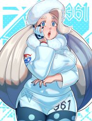 Rule 34 | 1girl, absurdres, barley juice, blue eyes, breasts, creatures (company), fur hat, game freak, gloves, hat, highres, large breasts, long hair, looking at viewer, mature female, melony (pokemon), multicolored hair, nail polish, nintendo, open mouth, pantyhose, pantyhose under shorts, plump, pokemon, pokemon swsh, shorts, single glove, solo, streaked hair, white hat