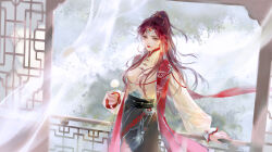 Rule 34 | 1girl, absurdres, artist request, beads, bi ting (xia lan), black skirt, chinese clothes, circlet, closed mouth, curtains, dandelion, flower, fog, hair beads, hair ornament, highres, holding, holding flower, long sleeves, ponytail, railing, red eyes, red hair, second-party source, shawl, skirt, solo, upper body, xia lan