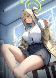 Rule 34 | 1girl, absurdres, black skirt, blue archive, blush, breasts, closed mouth, collared shirt, gileu, green eyes, green halo, halo, highres, id card, indoors, jacket, lanyard, large breasts, light brown hair, long hair, long sleeves, looking at viewer, nonomi (blue archive), open clothes, open jacket, pleated skirt, shirt, sitting, skirt, smile, solo, white shirt, yellow jacket