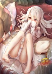 Rule 34 | 1girl, absurdres, barefoot, blonde hair, blouse, blush, cameltoe, covering own mouth, fate/kaleid liner prisma illya, fate (series), feet, female focus, from above, hair between eyes, hat, highres, illyasviel von einzbern, indoors, knees up, long hair, long sleeves, lying, magical ruby, on back, open clothes, open shirt, panties, pleated skirt, red eyes, shirt, skirt, sleeves past wrists, solo, striped, toes, unbuttoned, underwear, unworn hat, unworn headwear, unworn skirt, utatanecocoa, vertical stripes, white hat, white shirt