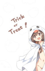 Rule 34 | 1girl, :d, bed sheet, blush, brown eyes, brown hair, collarbone, ghost, ghost costume, hair ornament, halloween, hatsunatsu, jack-o&#039;-lantern, jack-o&#039;-lantern hair ornament, leaning to the side, long hair, naked sheet, navel, open mouth, original, simple background, smile, solo, white background
