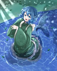 Rule 34 | 1girl, :d, blue eyes, blue hair, fins, frilled kimono, frills, head fins, highres, japanese clothes, kimono, leaf, matching hair/eyes, mermaid, monster girl, nobu baka, open mouth, partially submerged, short hair, smile, solo, touhou, wakasagihime, water, wet