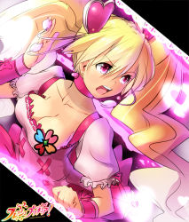 Rule 34 | 00s, 1girl, blonde hair, bow, breasts, choker, cleavage, collarbone, copyright name, cure peach, dutch angle, earrings, fresh precure!, frilled skirt, frills, hair ornament, heart, heart hair ornament, jewelry, long hair, magical girl, magister, momozono love, non-web source, open mouth, pink bow, pink eyes, precure, skirt, solo, twintails, wrist cuffs