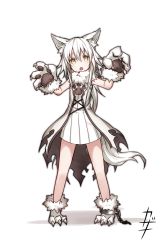 Rule 34 | 1girl, animal ear fluff, animal ears, animal hands, bare legs, blush, brown eyes, chain, claw pose, claws, cuffs, dress, eyebrows hidden by hair, fang, full body, fur-trimmed footwear, fur-trimmed gloves, fur collar, fur trim, gloves, hair between eyes, highres, kazana (sakuto), long hair, looking at viewer, open mouth, original, paw gloves, paw shoes, saku (kazana), shadow, shoes, sleeveless, sleeveless sweater, solo, standing, sweater, sweater dress, tail, torn clothes, torn dress, white background, white dress, white gloves, white hair, wolf ears, wolf girl, wolf tail
