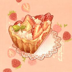 Rule 34 | artist name, commentary, english commentary, english text, food, food focus, fruit, fruit tart, highres, lace, leaf, nao (bestrollever), napkin, no humans, original, pie, pie slice, pink background, star (symbol), starry background, still life, strawberry, strawberry background, strawberry slice, tart (food), whipped cream