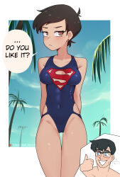 Rule 34 | 1boy, 1girl, absurdres, blue one-piece swimsuit, blush, border, breasts, brown eyes, brown hair, clark kent, collarbone, commentary, covered navel, dc comics, earrings, english commentary, english text, glasses, grin, highres, jewelry, lois lane, looking at viewer, medium breasts, my adventures with superman, one-piece swimsuit, outdoors, outside border, paid reward available, parted lips, patreon username, short hair, smile, speech bubble, stud earrings, superman, superman (series), superman logo, sweatdrop, swimsuit, thumbs up, tobias wheller, tomboy, white border