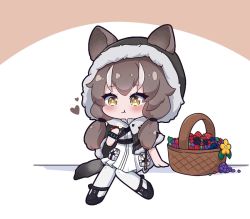 Rule 34 | 1girl, :t, animal ears, arknights, basket, black capelet, black footwear, blueberry, brown background, brown eyes, brown hair, capelet, closed mouth, commission, dress, ears through headwear, eating, flower, food, fruit, fur-trimmed capelet, fur-trimmed hood, fur trim, grapes, honeyberry (arknights), hood, hood up, hooded capelet, kurotofu, long hair, low twintails, multicolored hair, pantyhose, shoes, sitting, solo, strawberry, streaked hair, tail, twintails, two-tone background, wavy mouth, white background, white dress, white hair, yellow flower
