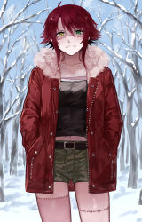 Rule 34 | 1girl, ahoge, bare tree, belt, black belt, black tank top, blue sky, breasts, cloud, coat, collarbone, commentary, cowboy shot, day, fur-trimmed jacket, fur collar, fur trim, green eyes, green shorts, grin, hair between eyes, hands in pockets, heterochromia, highres, jacket, long sleeves, looking at viewer, medium breasts, midriff, monster girl, monster musume no iru nichijou, navel, open clothes, open coat, outdoors, parted lips, patchwork skin, red coat, red hair, red jacket, short hair, short hair with long locks, short shorts, shorts, sidelocks, sky, smile, snow, snowing, solo, standing, stitches, tank top, teeth, tree, winter, yellow eyes, zakirsiz, zipper, zombie, zombina (monster musume)