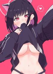 Rule 34 | 1girl, absurdres, animal ears, black hair, black jacket, black panties, blue archive, breasts, cat ears, clothes lift, colored inner hair, extra ears, halo, heart, highres, jacket, jacket lift, kazusa (blue archive), large breasts, lifted by self, long sleeves, looking at viewer, multicolored hair, navel, panties, pink background, pink hair, red eyes, short hair, simple background, solo, spoken heart, stomach, underboob, underwear, yashiro 3108