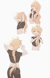 Rule 34 | adjusting hair, aether (genshin impact), ahoge, black pants, blonde hair, braiding hair, closed eyes, commentary request, cropped torso, genshin impact, grey background, hair between eyes, hair down, hairdressing, highres, long hair, mouth hold, multiple views, open mouth, pants, short sleeves, simple background, sui25jiyuu, waking up, yawning, yellow eyes