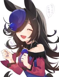 Rule 34 | 1girl, animal ears, bare shoulders, black hair, blue flower, blue hat, blush, closed eyes, commentary request, deitaku, dress, flower, hair over one eye, hat, hat flower, horse ears, horse girl, horse tail, long hair, long sleeves, nail polish, open mouth, purple nails, rice shower (umamusume), simple background, solo, tail, tilted headwear, translation request, umamusume, upper body, white background