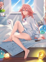 Rule 34 | 1girl, alternate costume, animal ears, arm support, arttsam, bare legs, barefoot, bed, blanket, blue sky, boo tao (genshin impact), breasts, cellphone, closed mouth, contemporary, cup, day, drawer, feet, floppy ears, floral print, fox ears, from side, genshin impact, highres, indoors, knee up, lamp, large breasts, light particles, long hair, long sleeves, looking at viewer, looking to the side, loose clothes, mitsudomoe (shape), no pants, painttool sai (medium), phone, pink hair, plant, potted plant, reflective floor, shirt, sitting, sky, slime (genshin impact), smartphone, smile, solo, sunlight, thighs, toes, tomoe (symbol), very long hair, weapon, white shirt, window, wooden floor, yae miko