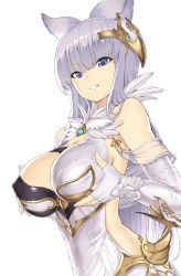 Rule 34 | 10s, 1girl, animal ears, bare shoulders, breast hold, breasts, cat ears, cleavage, detached sleeves, elbow gloves, erune, eyebrows, fingerless gloves, gloves, granblue fantasy, hair ornament, hakaba (dairiseki), highres, korwa, large breasts, long hair, looking at viewer, purple eyes, silver hair, simple background, smile, solo, upper body, white background, white gloves