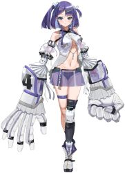 Rule 34 | 1girl, blouse, blush, boots, breasts, earrings, full body, green eyes, grey footwear, hair ornament, hairclip, highres, jewelry, knee pads, looking at viewer, micro shorts, navel, open clothes, open shirt, original, oversized forearms, oversized limbs, parted lips, purple hair, see-through, see-through skirt, shirt, shorts, side ponytail, simple background, skirt, solo, standing, taiga (ryukyu-6102-8), thigh gap, thigh strap, underboob, white background, white shirt
