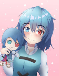 Rule 34 | 1girl, absurdres, blue eyes, blue hair, blush, closed mouth, commentary, doll, english commentary, fumo (doll), gruvyboi, heterochromia, highres, holding, holding doll, pink background, red eyes, short hair, solo, tatara kogasa, touhou, upper body