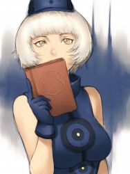Rule 34 | 1girl, atlus, bare shoulders, book, breasts, elizabeth (persona), fumio (rsqkr), gloves, hat, large breasts, persona, persona 3, short hair, sleeveless, solo, white hair, yellow eyes