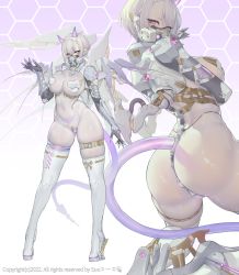 Rule 34 | 1girl, armor, ass, bodysuit, breasts, cable, covered erect nipples, hand up, heart, heart tattoo, highres, horns, large breasts, looking at viewer, mask, mecha, mouth mask, multiple views, original, plugsuit, pubic tattoo, purple eyes, red eyes, revealing clothes, robot, short hair, skin tight, skindentation, suerte, tail, tattoo, thick eyebrows, thick thighs, thigh strap, thighhighs, thighs, white thighhighs