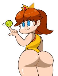 Rule 34 | 1girl, ass, ball, bare shoulders, blue eyes, brown hair, closed mouth, cowboy shot, crown, female focus, from behind, hand up, happy, index finger raised, jaggy lines, leotard, looking to the side, mario (series), mario tennis, mini crown, motion lines, nintendo, princess daisy, shiny skin, short hair, simple background, smile, solo, spinning, standing, tennis ball, v-shaped eyebrows, vilepluff, white background, wide hips, yellow headwear, yellow leotard