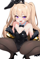 Rule 34 | 1girl, :d, absurdres, animal ears, arms behind back, azur lane, bache (azur lane), bare shoulders, black bow, black bowtie, black leotard, blonde hair, blush, bow, bowtie, breasts, clothes pull, covered navel, detached collar, fang, fur-trimmed jacket, fur trim, hair between eyes, high heels, highres, igarashi gozo, jacket, jacket pull, leotard, long hair, looking at viewer, off shoulder, open mouth, pantyhose, playboy bunny, purple eyes, rabbit ears, simple background, small breasts, smile, solo, spread legs, squatting, strapless, strapless leotard, thighs, tiptoes, very long hair, white background, yellow jacket