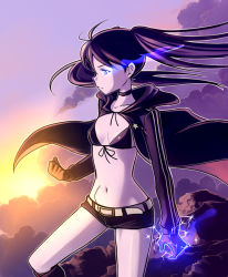 Rule 34 | 10s, 1girl, aura, belt, bikini, bikini top only, black bikini, black hair, black rock shooter, black rock shooter (character), blue eyes, boots, bowieknife, cape, choker, clenched hand, cloak, cloud, flat chest, front-tie top, gloves, glowing, glowing eye, glowing eyes, hood, jacket, knee boots, long hair, midriff, mountain, navel, pale skin, purple hair, scar, short shorts, shorts, solo, star (symbol), sunset, swimsuit, twintails, uneven twintails, wind