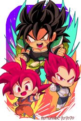 Rule 34 | 3boys, armor, artist name, aura, biceps, black hair, boots, broly (dragon ball super), chibi, dougi, dragon ball, dragon ball super, dragon ball super broly, fighting stance, gloves, highres, looking at viewer, male focus, motunabe707070, multiple boys, muscular, open hand, open mouth, pectorals, pelt, red eyes, red hair, round teeth, scar, son goku, spiked hair, standing, super saiyan, super saiyan god, teeth, v, vegeta, white gloves, widow&#039;s peak, wristband, yellow eyes