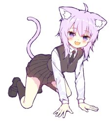 1girl :3 :d ahoge all_fours alternate_costume animal_ear_fluff animal_ears black_footwear black_necktie black_skirt black_socks blush cat_ears cat_girl cat_tail commentary_request full_body grey_sweater_vest hololive ishida_aya loafers long_sleeves looking_at_viewer mixed-language_commentary necktie nekomata_okayu open_mouth pleated_skirt purple_eyes purple_hair school_uniform shirt shoes simple_background skirt smile socks solo sweater_vest tail virtual_youtuber white_background white_shirt