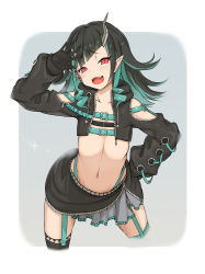 Rule 34 | 1girl, nanashi inc., belt, belt bra, black gloves, black hair, black jacket, black skirt, black thighhighs, blue belt, blue hair, blush, border, chest belt, clothing cutout, commentary request, contrapposto, cowboy shot, cropped jacket, cross-laced clothes, cross-laced sleeves, demon girl, demon horns, fang, flat chest, garter straps, gloves, grey background, grey skirt, hand on own hip, highres, horns, jacket, layered skirt, long hair, long sleeves, looking at viewer, midriff, multicolored hair, navel, open clothes, open jacket, open mouth, pointy ears, red eyes, rose22, russian text, shishio chris, shoulder cutout, single thighhigh, skirt, smile, solo, sugar lyric, thighhighs, two-tone hair, virtual youtuber, waving, white border, zipper skirt
