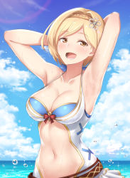 Rule 34 | 1girl, :d, armpits, arms behind head, arms up, blonde hair, blue sky, blush, breasts, cleavage, cloud, collarbone, commentary request, day, djeeta (granblue fantasy), djeeta (summer) (granblue fantasy), futami (mg42fw190d), granblue fantasy, hair ornament, hairband, halterneck, highres, looking at viewer, medium breasts, navel, ocean, open mouth, short hair, sky, smile, solo, stomach, swimsuit, teeth, twitter username, wet, yellow eyes