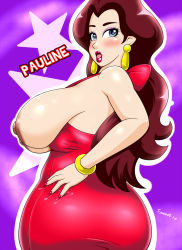 Rule 34 | 1girl, ass, blue eyes, breasts, donkey kong (1981 game), donkey kong (series), dress, earrings, high heels, highres, huge ass, jewelry, large areolae, lipstick, looking at viewer, looking back, makeup, mario (series), nail polish, nintendo, pauline (mario), red lips, sideboob, solo, speeds, thick thighs, thighs