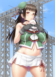 Rule 34 | 10s, 1girl, ayato, bare shoulders, black gloves, breasts, brown hair, choukai (kancolle), cleavage, eating, covered erect nipples, female focus, food, glasses, gloves, groin, hat, headgear, highres, kantai collection, large breasts, long hair, looking at viewer, midriff, miniskirt, navel, no panties, red eyes, shirt, skirt, solo, standing