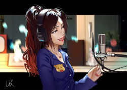 Rule 34 | 1girl, blue shirt, breasts, brown eyes, brown hair, collared shirt, commentary, fingernails, headphones, idol, j.fla, jewelry, l.k, letterboxed, lipstick, long hair, long sleeves, makeup, messy hair, microphone, microphone stand, nail polish, open mouth, pendant, photo background, ponytail, product placement, real life, red lips, red nails, shirt, signature, small breasts, solo, sony